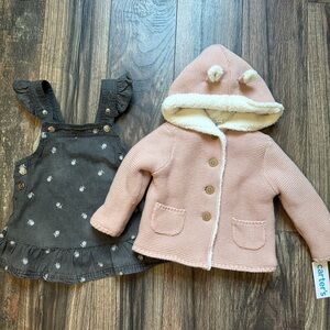 Girls two piece bundle a denim overall tunic dress and Sherpa lined jacket 18mos
